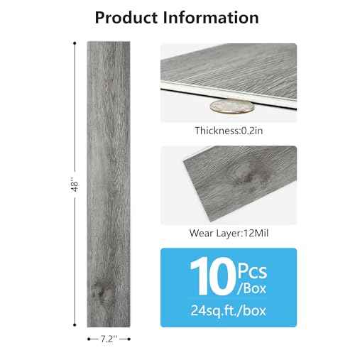 Art3d 48" x 7.2" SPC Click-Lock Floating Floor Tiles (24 Sq. Ft), 10-Pack Luxury Wood Look Flooring for Indoor Use, Waterproof & Fire-Resistant, Grey