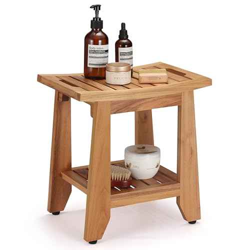 Teak Shower Bench Stool, 14'' Compact Waterproof Wood Spa Bath Bench with Storage Shelf & Handle, Non-Slip Solid Teak Shower Seat Chair for Small Bathrooms Inside Shower and Outdoor Use