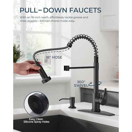 FORIOUS Black Kitchen Faucet with Soap Dispenser, Stainless Steel Single Handle Modern Spring Commercial Sink Faucet with Pull Down Sprayer for Laundry & Utility Room RV Camp Bar Farmhouse