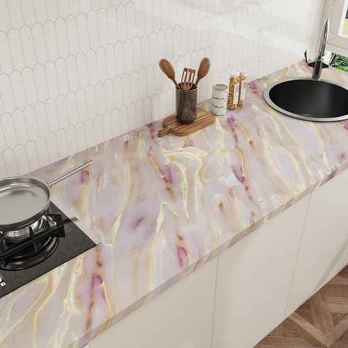 CRE8TIVE Matte Gold Pink Marble Contact Paper 12"x80" Liquid Marble Wallpaper for Kitchen Countertop Peel and Stick Wallpaper Removable Self Adhesive Vinyl Warp for Bathroom Cabinets Desks Table Tops