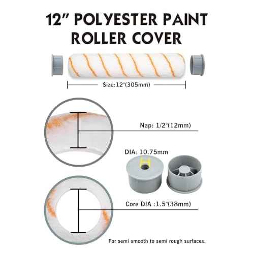 ROLLINGDOG 12 Inch Paint Roller Cover - Large Paint Roller Sleeve for Ceiling,Wall,Floor,Decks Painting (1/2" Nap,Polyester) for Semi-Smooth to Semi-Rough Surfaces