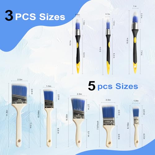 Professional 8-Piece Wall Painting Brush Set - Angled/Flat Trim Brushes (1"-2.5") with Durable Bristles for Walls, Doors, Cabinets, DIY Projects | Smooth Finish & Corner Access
