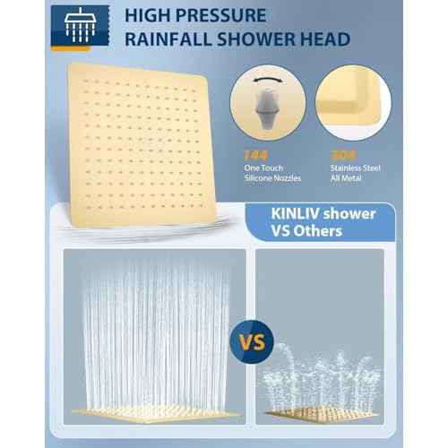 12 Inch Brushed Gold Rain Shower Head with Extension Arm, Rainfall Square Showerhead with 16 Inch Shower Arm All Stainless Steel, 144 Outlets Waterfall Full Body Coverage