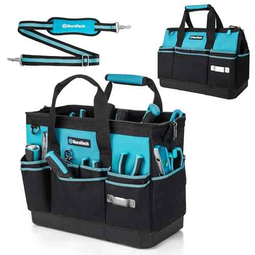 DURATECH 16-Inch Heavy Duty Tool Bag with Waterproof Hard Bottom, Tool Bag Organizer Wide Open Mouth with 18 Pockets, Portable Toolbag for Men Mechanic Electrician Plumber HVAC