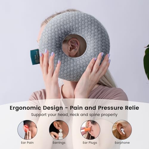 Ear Pillow with Ear Piercing for Side Sleeping, Ear Hole Memory Foam Donut Pillows for Ear Pain CNH Earring Pierced Pillow, Round, Gray
