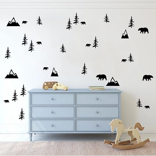 Wilderness Wall Decals Mountains Bears Trees Wall Stickers Vinyl Wall Art for Kids Room Nursery Decor Y93 (Black)