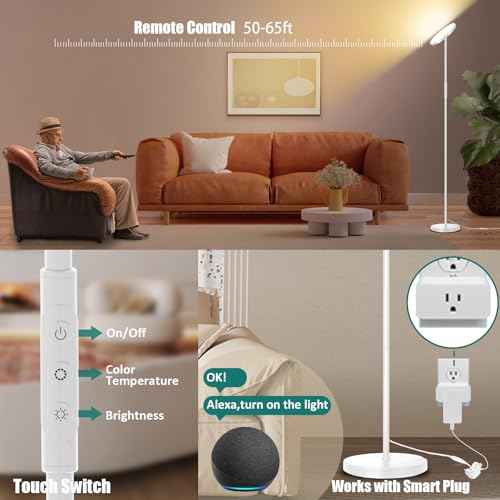 White Floor Lamp, 40W Super Bright Floor Lamps for Living Room Bedroom with Remote & Timer, Torchiere LED Floor Lamp 2700K-6500K Stepless Dimmable, Tall Standing Light Works with Smart Plug