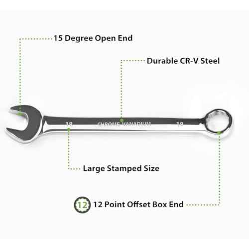 18mm Wrench, Industrial Grade Spanner, Combination Wrenches Metric with 12-Point Box End, 15-Degree Offset, 18mm Wrenches Chrome Vanadium Steel Mirror Polished