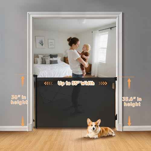 Retractable Baby Gate for Stairs, 55" Wide Mesh Pet Gate, Automatic Tension, One-Hand Operation, 38" Tall Baby Gates for Doorways, Hallways, Deck, Indoor Outdoor, Safe, Easy to Fit, Black