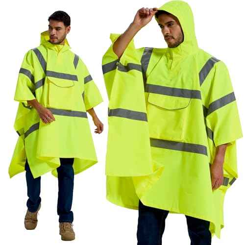 SRsafety Hi Vis Rain Poncho,High Visibility Rain Ponchos for Adults with Pocket,Safety Rain Jacket Stowable Conjoined Cap