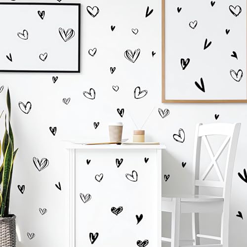 62 Pcs Black Love Heart Graphics Wall Stickers, sacinora Valentine Romantic Love Wall Decals Removable Vinyl Peel and Stick for Valentine's Day Anniversary Living Room Bedroom Art Home Decorations