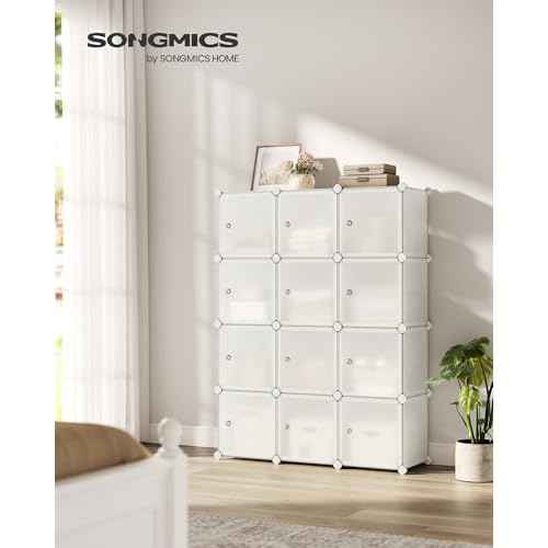 SONGMICS Cube Storage Organizer, Set of 12 Plastic Cubes, Closet Storage Shelves, DIY Plastic Closet Cabinet, Modular Bookcase, Shelving with Doors for Bedroom, Living Room, Cream White ULPC342W02