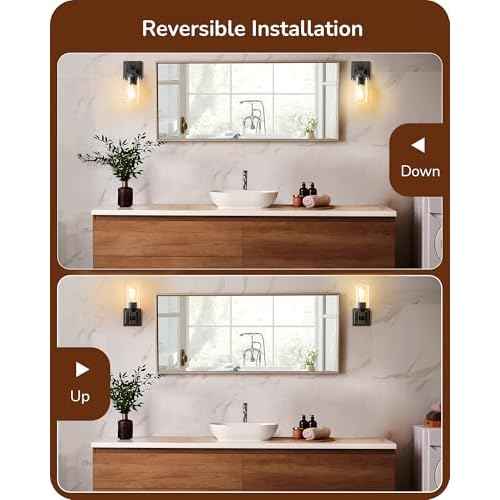 EDISHINE Wall Sconces Set of 2, Farmhouse Vanity Light Fixtures with Clear Glass Shade & Dark Brown Wood Grain Paint, 1-Light Wall Mount Lamp for Bathroom, Hallway, Living Room, Mirror, Kitchen
