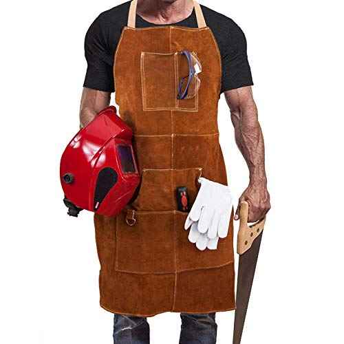 Pocket Welding Apron, Cowhide Leather with Quick Release Buckle Adjustable Length for Men and Women - 90x60cm (Dark-Brown)