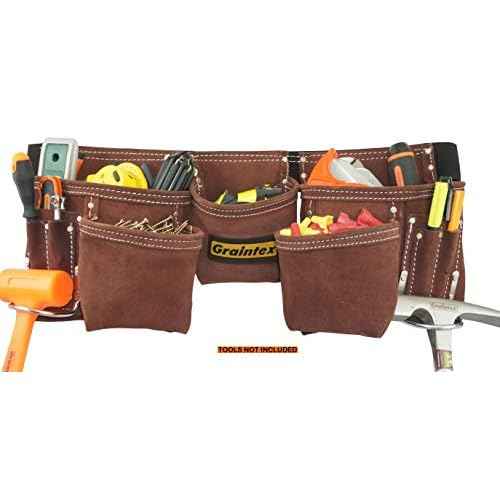Graintex 11 Pocket Professional Suede Leather Tool Belt, Tool Bag Coffee Brown Color, 2¡± Webbing Belt, 2 Hammer Holders, Construction Tools, Carpenter Tools, Roofing Tools, Drywall Tools - DS2966