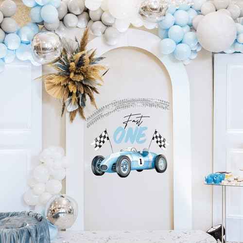 Fast One Birthday Racing Decal Race Car Checkered Flag Welcome Sign Decal Fast One 1st Birthday Backdrop Decorations for Boys Balloon Arch