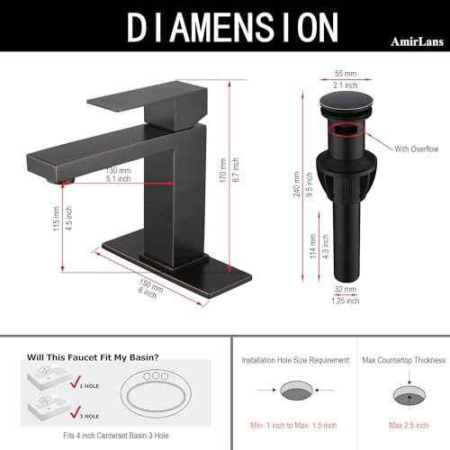 Oil Rubbed Bronze Bathroom Faucet 1 Hole, Stainless Steel Single Hole Bathroom Sink Faucet with Pop Up Drain, Bronze Lavatory Sink Faucet AML-1141-ORB