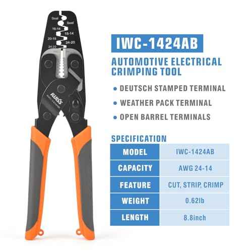 iCrimp IWC-1424AB Wire Crimping Tool for Weather Pack Terminals, Metri Pack Connectors, Open Barrel Terminals, Stamped Contacts with Built-in Wire Stripper and Wire Cutter