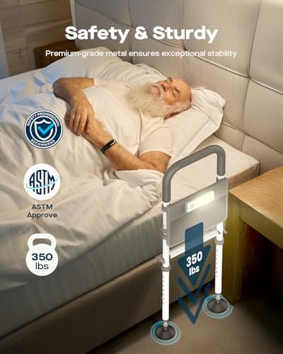Bed Rails for Elderly Adults Safety, Adjustable Bed Assist Rail for Seniors with Motion Sensor LED Light & Storage Pocket, Non-Slip Handle Support Bar, Fits Twin/Full/Queen/King