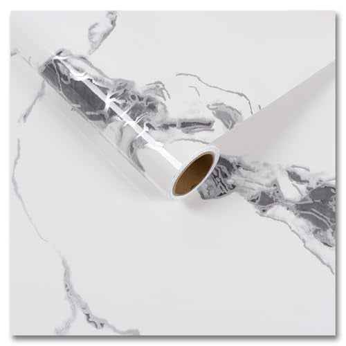 CRE8TIVE Glossy Silver Grey White Marble Contact Paper for Countertops Waterproof Marble Wallpaper Peel and Stick Counter Top Stick Paper 12"x80" Self Adhesive Removable Wallpaper for Kitchen Cabinets