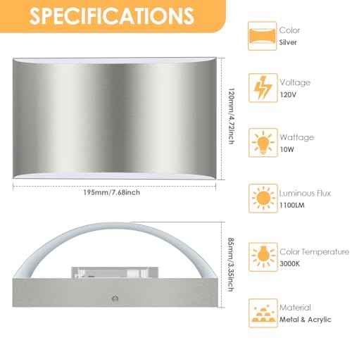FOLKSMATE Modern LED Wall Sconces, 3000K Warm White Wall Lights Set of 2, 10W Up and Down Mount Light, Sliver Hardwired Indoor Sconces Lighting Lamp for Bedroom Bedside Hallway Living Room