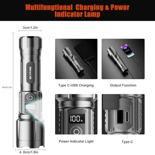 SKYFIRE Rechargeable Flashlights High Lumens with Ignition Lens,3000lm Super Bright Flashlight Zoomable 4 Modes Waterproof Powerful Tactical Torch Flash Light for Camping Essentials,Outdoor,Home&Gifts