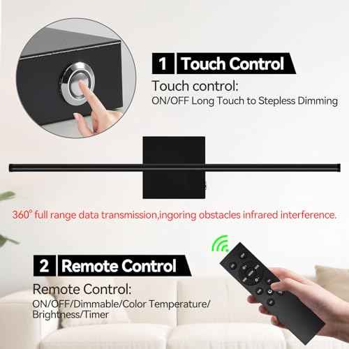 Battery Operated Wall Sconces Set of 2, Wall Sconce with Remote Control, 26.7 Inch 3000K-6000K Dimmable Wireless Rechargeable Sconce,Wall Lights for Bedroom, Living Room, Hallway(Black)