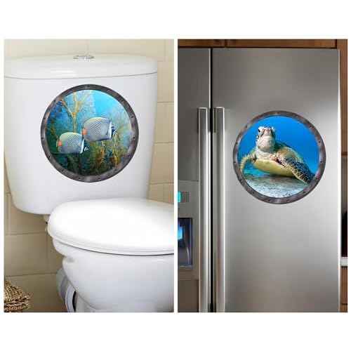 Ocean Animal Wall Decals 11 Inch Porthole Design Set for Nursery/Classroom- Easy Apply & Durable Adhesive (Set of 9)
