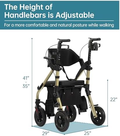 ELENKER All Terrain Rollator Walker Transport Wheelchair Combo, 2 in 1 Rolling Walker with Padded Seat and Wide Backrest, Champagne