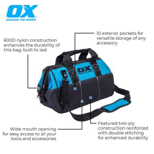 OX TOOLS Pro 15-Inch Wide Mouth Nylon Tool Storage Bag | PVC Nylon & Reinforced Stiching
