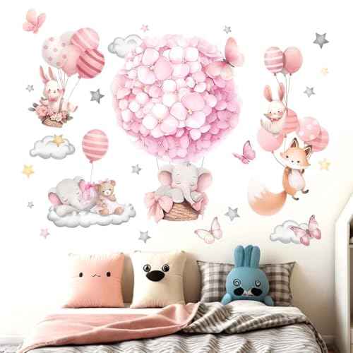 Animals Hot Air Balloon Wall Stickers - Elephant Bear Fox Wall Decals - Girls Bedroom Baby Nursery Kids Room Wall Decor