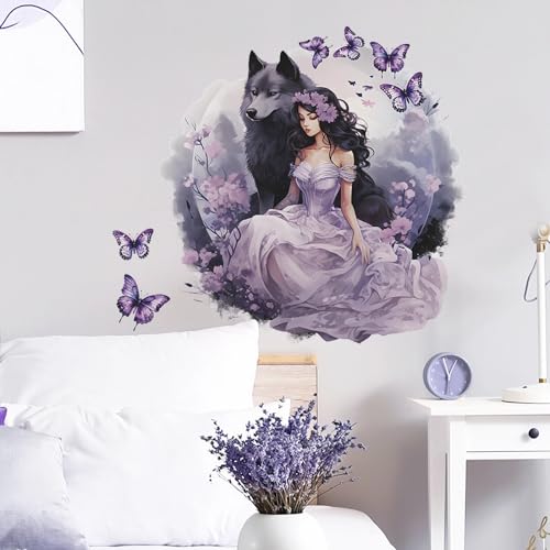 Purple Wolf Girl Butterfly Wall Stickers, sacinora Creative Cold Beauty Art Wall Decals Removable Vinyl Peel and Stick for Kids Women Bedroom Nursery Decoration