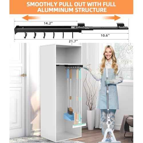 Pull Out Broom Holder With Adjustable Double Row Sliding Hook, Multifunctional Slide Broom And Mop Storage/Organizer Garage Organization Hooks, for Closet Laundry Garage Cupboard Kitchen