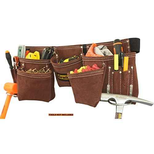 Graintex 11 Pocket Professional Suede Leather Tool Belt, Tool Bag Coffee Brown Color, 2¡± Webbing Belt, 2 Hammer Holders, Construction Tools, Carpenter Tools, Roofing Tools, Drywall Tools - DS2966