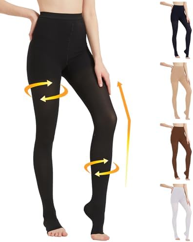 MGANG Medical Compression Pantyhose for Women & Men, 20-30mmHg Graduated Compression Support Tights, Open Toe, Opaque Waist High Compression Stockings for Edema, Varicose Veins, Flight, DVT, Black XL