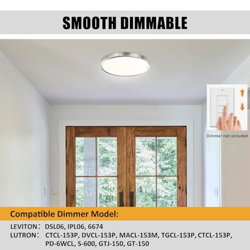 Flush Mount Ceiling Light Fixture, 14 Inch LED Modern Kitchen Light, Slim Dimmable Brushed Nickel Flush Mount Light for Low Ceiling, Laundry, Hallway, Metal and Glass Lighting, 26W, 3000K
