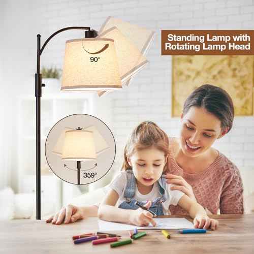 AIDENOEY Fully Dimmable Floor Lamp for Living Room£¬Standing Lamp Rotary Switch with Table&Linen Beige Shade£¬Black Tall Lamps for Bedroom with Adjust Head£¬9W LED Bulb Included