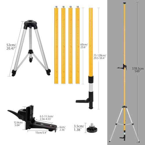 Laser Level Pole with Tripod, Telescoping Laser Level Tripod, 12 Ft./3.7M with 1/4-Inch by 20-Inch Laser Mount for Rotary and Line Laser Level, 5/8"-11 Adapter Nut Included