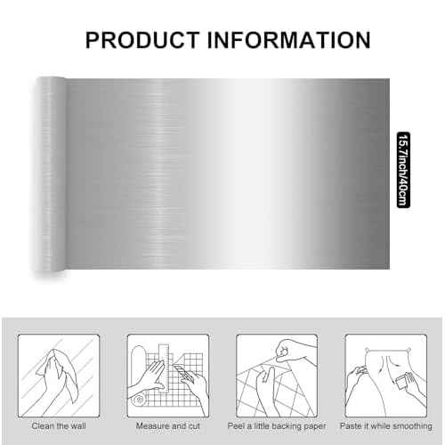 Silver Metallic Peel and Stick Wallpaper for Kitchen Countertop Backsplash 15.7"x118" Modern Waterproof Self Adhesive Wall Paper Stainless Steel Contact Paper for Appliances Dishwasher Fridge