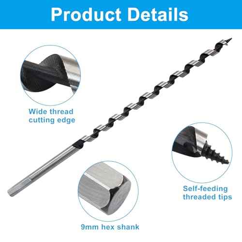 3/8 Inch Diameter Wood Auger Drill Bit, 12 Inch Long Ship Auger Bit for Soft and Hard Wood, Hex Shank Drill Bit for Hole Cutter, Tree Stump, Plastic, Drywall (10 x 300 mm)