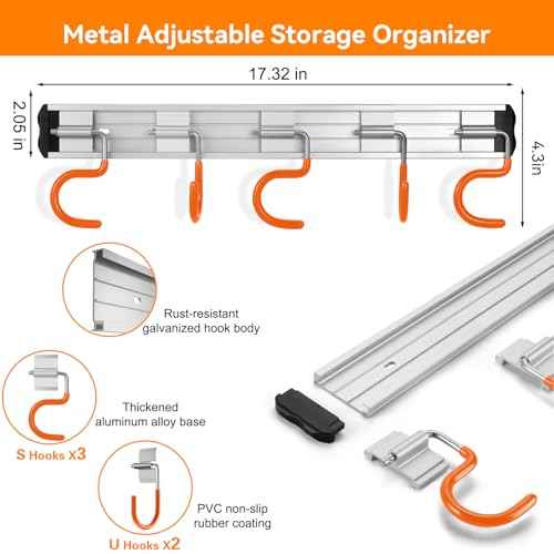 34.5'' Aluminum Alloy Garden Tool Organizer Wall Mount Garage Organizers and Storage with Hooks Tool Hangers for Shed Hooks for Shovel, Rake, Broom & More