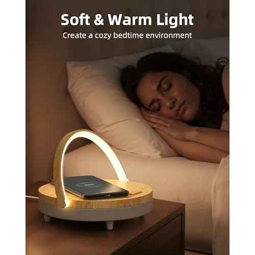 EZVALO Birthday Gifts for Women, Music Table Lamp with Wireless Charger, 4 in 1 Touch Bedside Lamp, Bluetooth Speaker, Phone Holder, Dimmable LED Night Lights Birthday Gifts for Women, Men, Dad, Mom