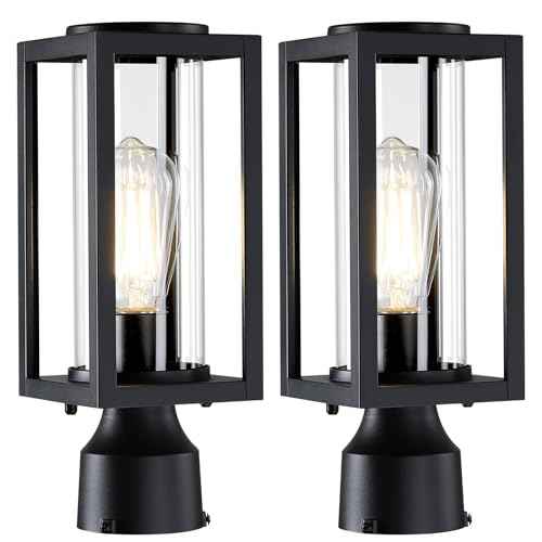 Outdoor Post Lights Lamp Post Light Fixture 2 Pack, Modern Black Exterior Post Lantern Fixture with Tempered Glass, Anti-Rust Light Posts for Outside for Driveway Patio Garden