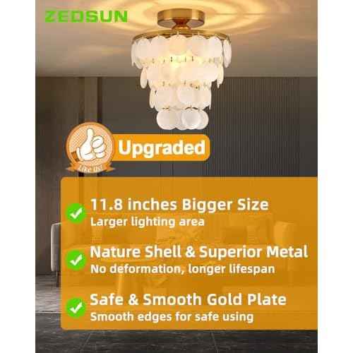 Capiz Shell Ceiling Light Fixture Modern Gold Semi Flush Mount Ceiling Lights 11.8Inch Small Chandelier for Entryway Bedroom