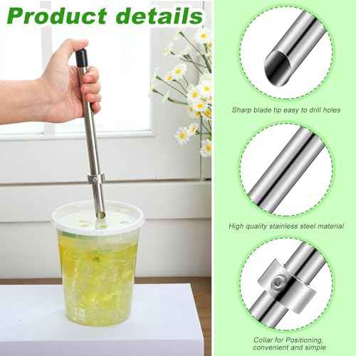 Lasnten 1 Pack Straw Puncher for Plastic Lids Lemonade Cups, Stainless Steel Straw Hole Puncher Punching Tools for Cafe Drinks Deli Container Fresh Squeezed Lemonade Stand Supplies (8.7 Inch,Black)