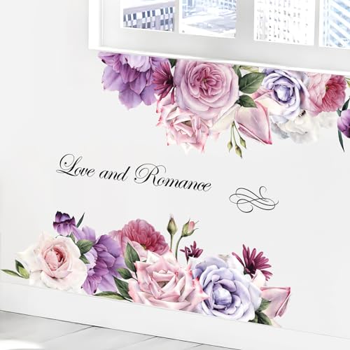 Supzone Purple Rose Peony Wall Stickers Large Flower Bouquet Blossom Wall Decals Self-Adhesive Love Theme Wall Art Decals for Valentine's Day Living Room Bedroom Door Furniture Sofa TV Backdrop Decor
