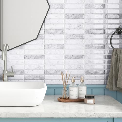 ReWallpaper Marble Peel and Stick Backsplash Waterproof Kitchen Tiles for Wall 12"x12" Removable Grey White Rectangular Subway Tile Self Adhesive Stick on Backsplash for Kitchen Laundry Rooms 3-Sheet