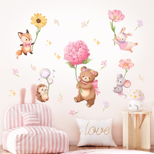 Pink Cartoon Animal Wall Decals, Bear Squirrel Rabbit Holding Flowers Flying Wall Stickers Peel and Stick Wall Decal Self Adhesive Wall Art Sticker for Girls Baby Nursery Kids Room Home Decor