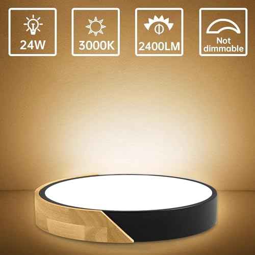 Led Ceiling Light Flush Mount: 12 Inch 24W Bedroom Light Fixture with Round Wood Modern Black Flat Overhead Ceiling Lamps for Kitchen Hallway Laundry Warm White 3000K, Not Dimmable - 2 Pack