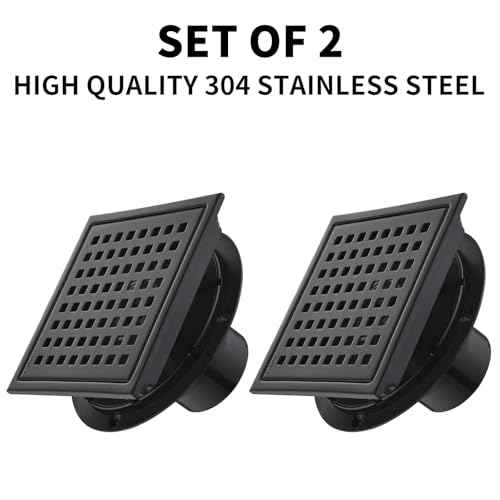 6 Inch Square Shower Drain Set of 2 with Removable, Square Grille, 304 Stainless Steel, Includes Shower Drain Base Hair Filter, Black, for Bathroom, Kitchen, Balcony 2 Pack